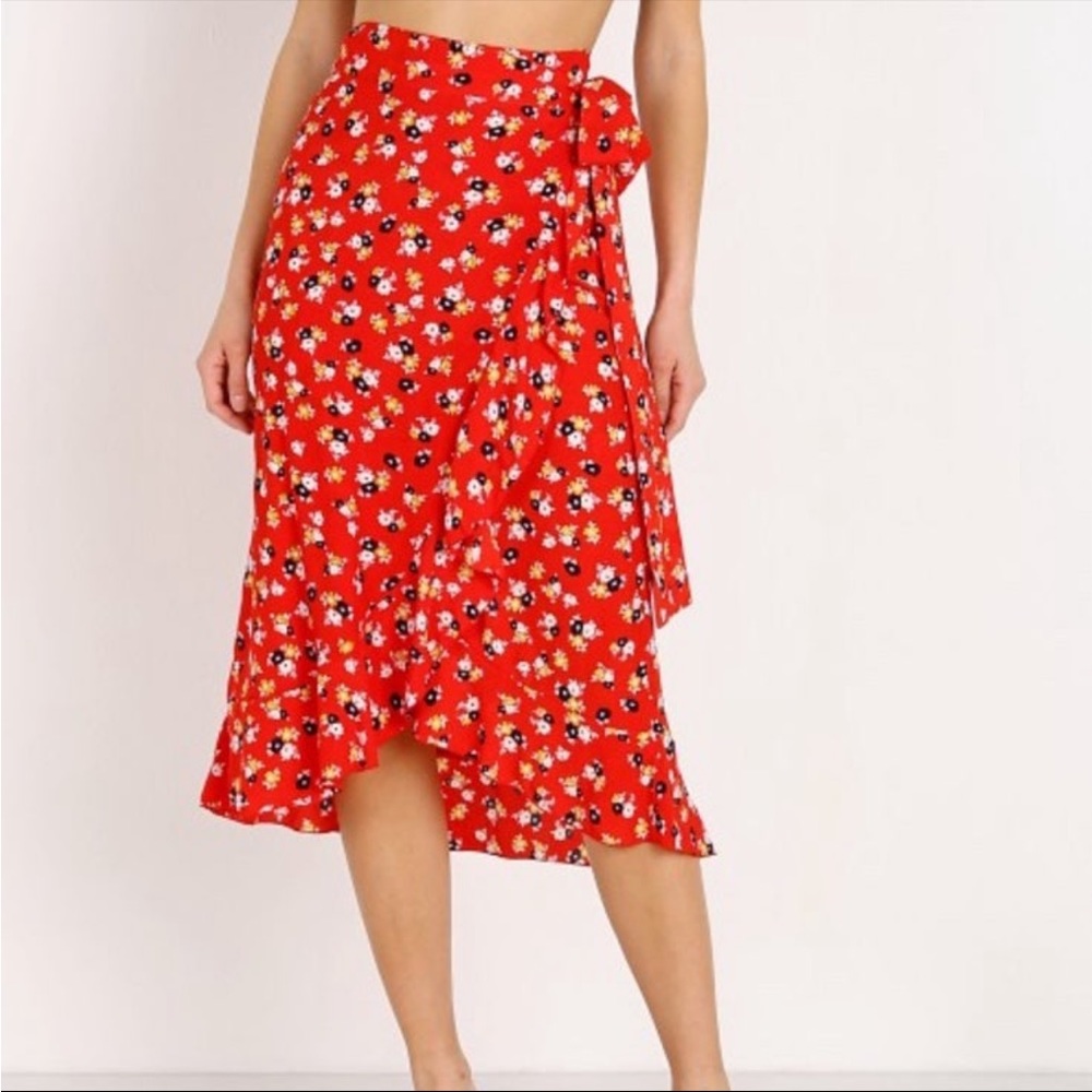 Faithfull the Brand Red Floral Wrap Midi Skirt